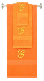 Orange monogrammed towel set with Gold thread, Diana Script font, initial G - 540 GSM cotton 3-piece