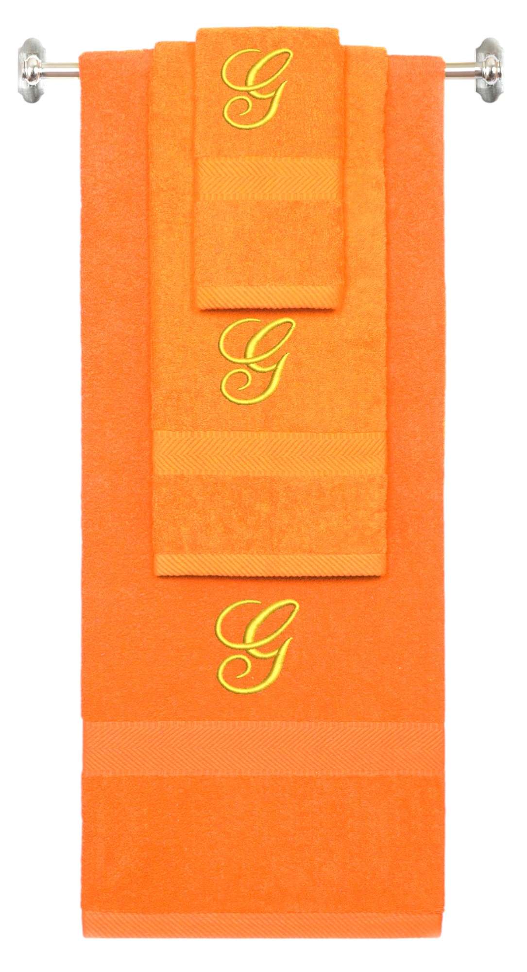 Orange monogrammed towel set with Gold thread, Diana Script font, initial G - 540 GSM cotton 3-piece