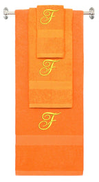 Orange monogrammed towel set with Gold thread, Diana Script font, initial F - 540 GSM cotton 3-piece