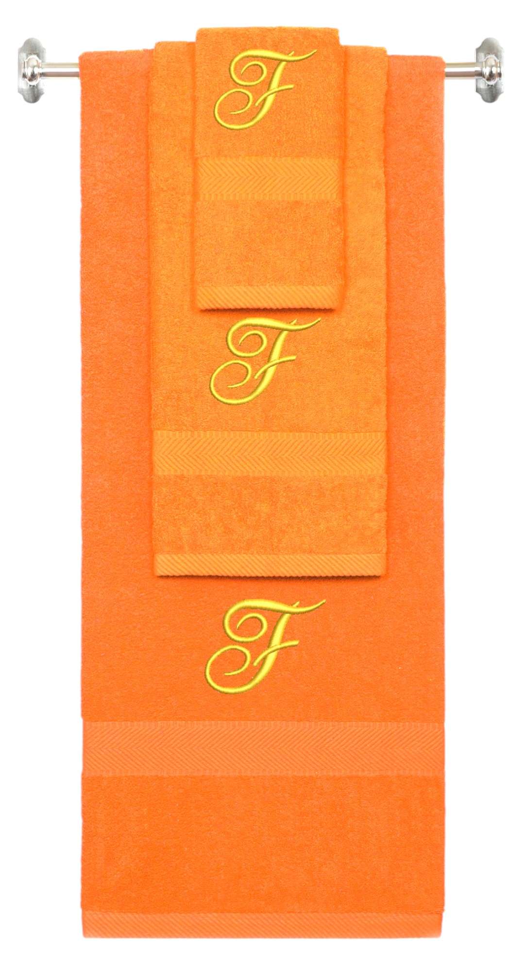 Orange monogrammed towel set with Gold thread, Diana Script font, initial F - 540 GSM cotton 3-piece