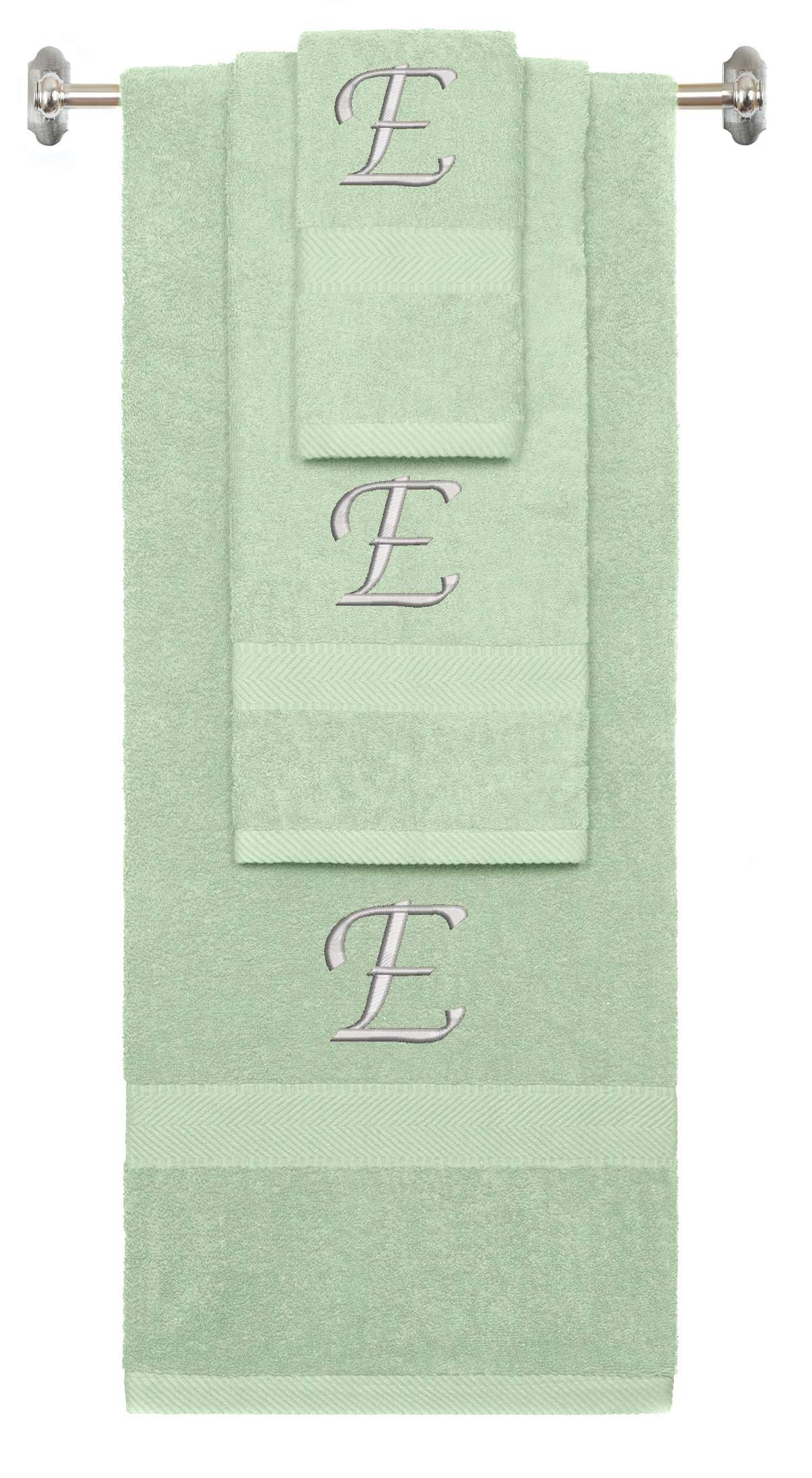 Mint Green monogrammed towel set with Silver thread, Chancery font, initial E - 540 GSM cotton 3-piece
