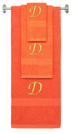 Orange monogrammed towel set with Gold thread, Chancery font, initial D - 540 GSM cotton 3-piece