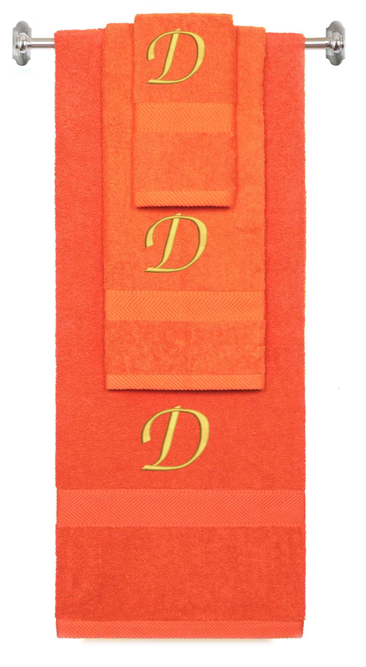 Orange monogrammed towel set with Gold thread, Chancery font, initial D - 540 GSM cotton 3-piece