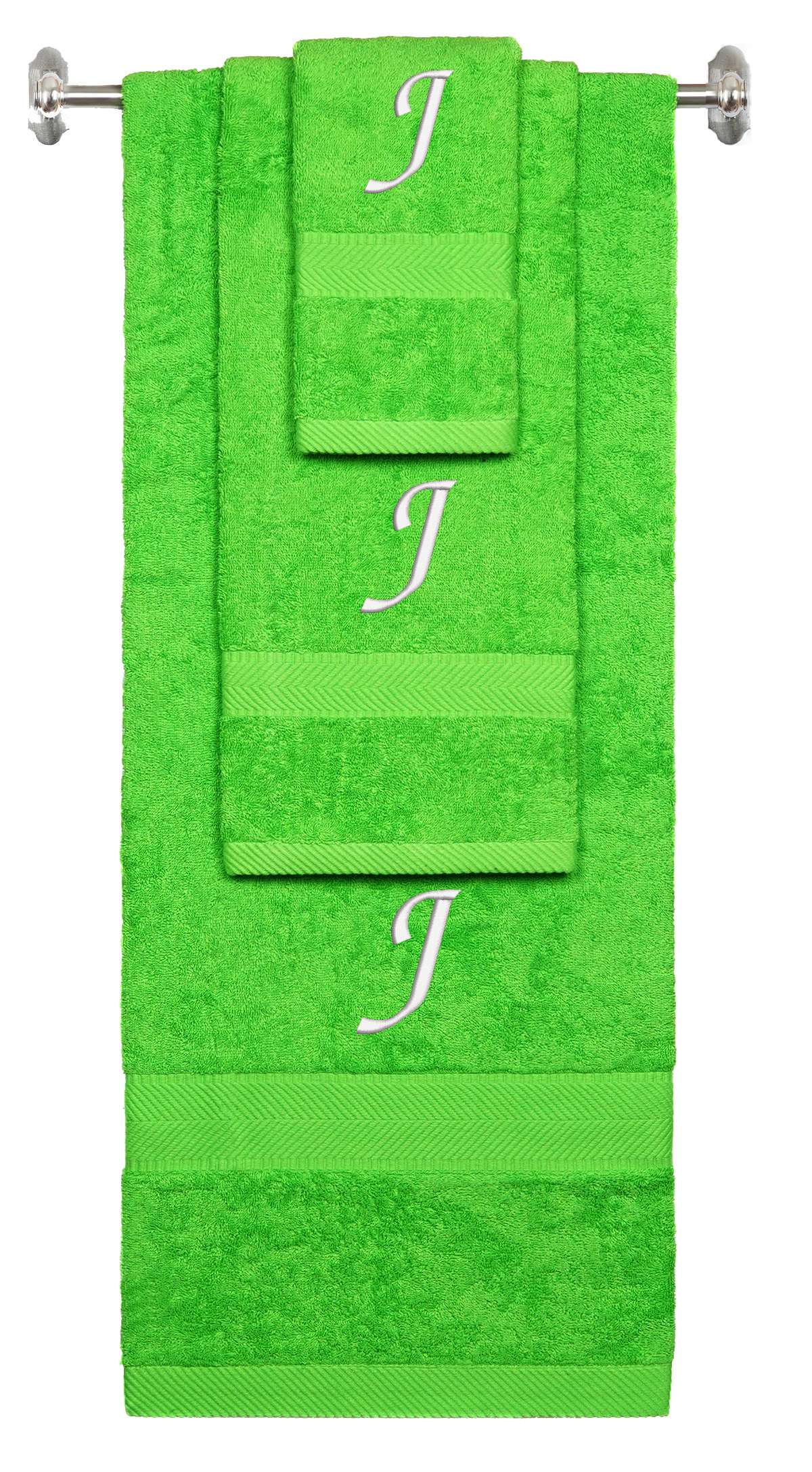 Lime monogrammed towel set with White thread, Chancery font, initial J - 540 GSM cotton 3-piece