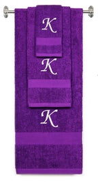 Purple monogrammed towel set with White thread, Chancery font, initial K - 540 GSM cotton 3-piece