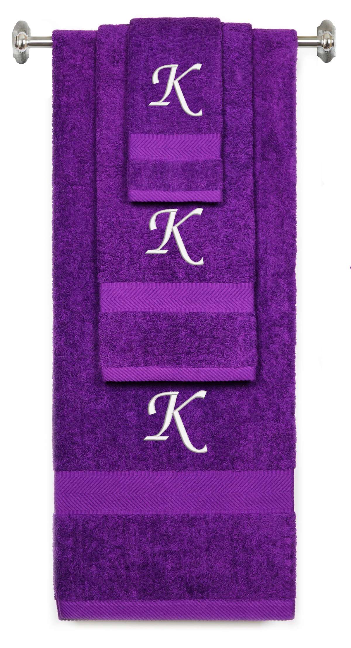 Purple monogrammed towel set with White thread, Chancery font, initial K - 540 GSM cotton 3-piece