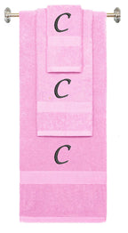 Pink monogrammed towel set with Black thread, Chancery font, initial C - 540 GSM cotton 3-piece