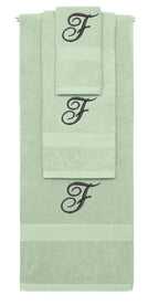 Mint Green monogrammed towel set with Black thread, Diana Script font, initial F - 540 GSM cotton 3-piece