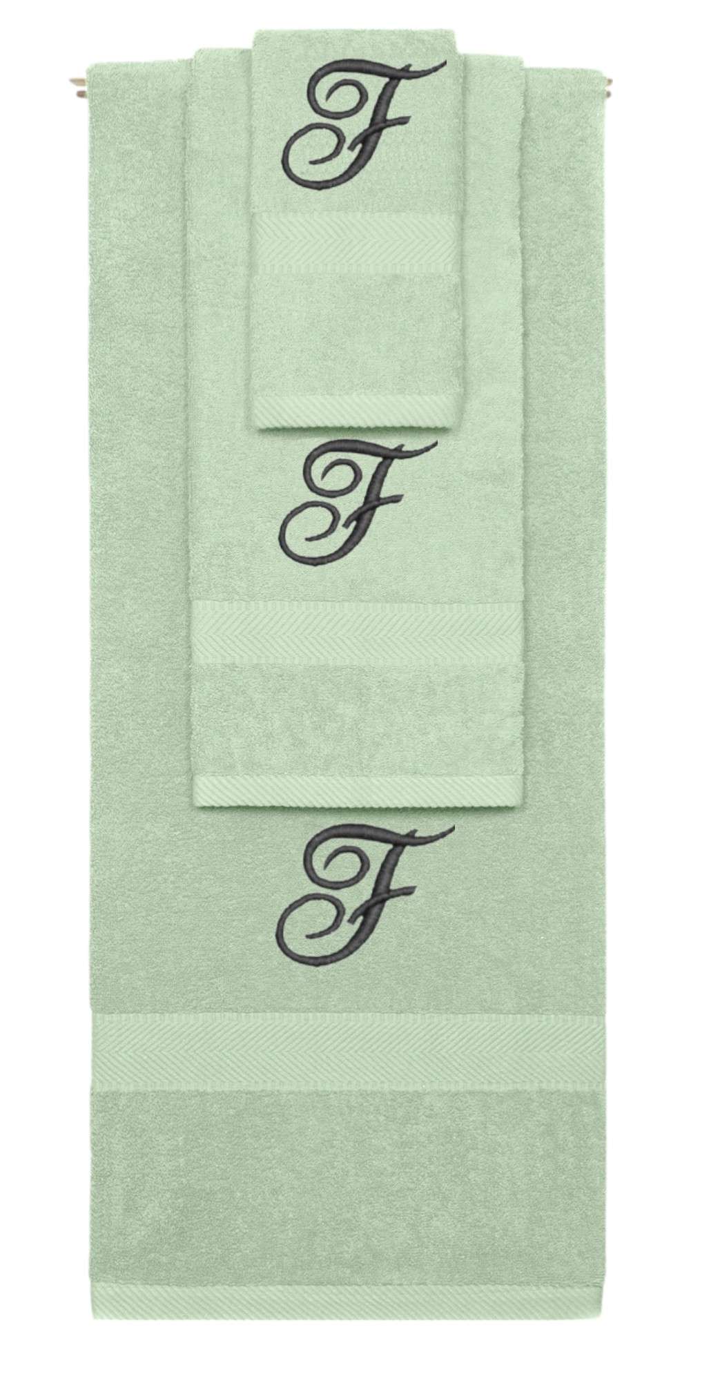 Mint Green monogrammed towel set with Black thread, Diana Script font, initial F - 540 GSM cotton 3-piece