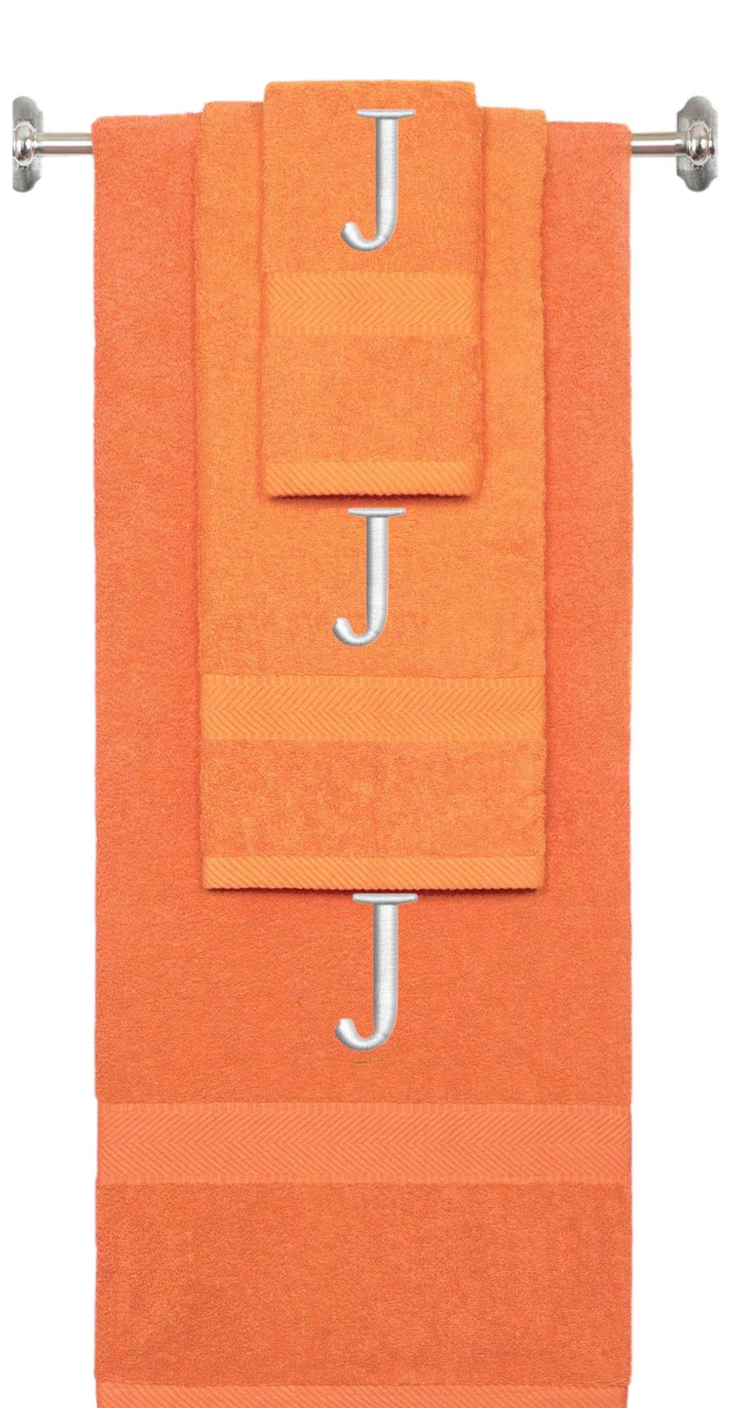 Orange monogrammed towel set with Silver thread, Times New Roman font, initial J - 540 GSM cotton 3-piece
