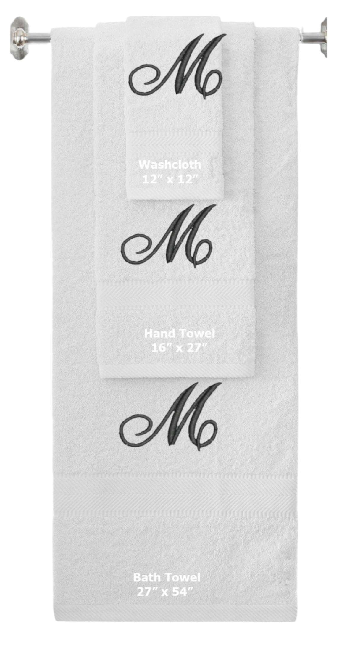 White monogrammed towel set with Black thread, Diana Script font, initial M - 540 GSM cotton 3-piece