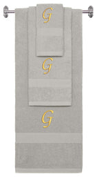 Silver monogrammed towel set with Gold thread, Chancery font, initial G - 540 GSM cotton 3-piece