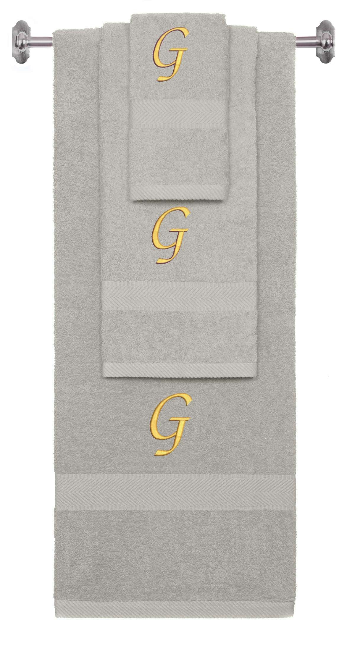 Silver monogrammed towel set with Gold thread, Chancery font, initial G - 540 GSM cotton 3-piece