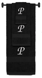 Black monogrammed towel set with Silver thread, Chancery font, initial P - 540 GSM cotton 3-piece
