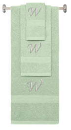Mint Green monogrammed towel set with Silver thread, Chancery font, initial W - 540 GSM cotton 3-piece
