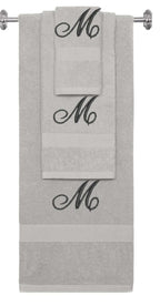 Silver monogrammed towel set with Black thread, Diana Script font, initial M - 540 GSM cotton 3-piece