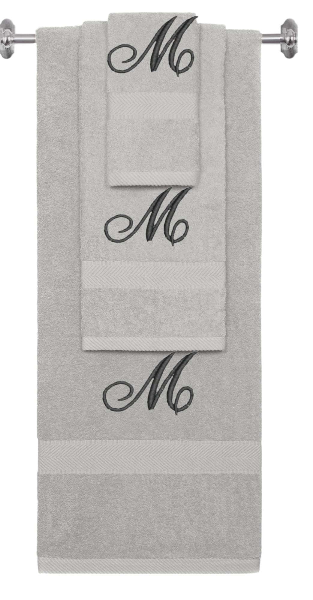 Silver monogrammed towel set with Black thread, Diana Script font, initial M - 540 GSM cotton 3-piece