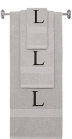 Silver monogrammed towel set with Black thread, Times New Roman font, initial L - 540 GSM cotton 3-piece