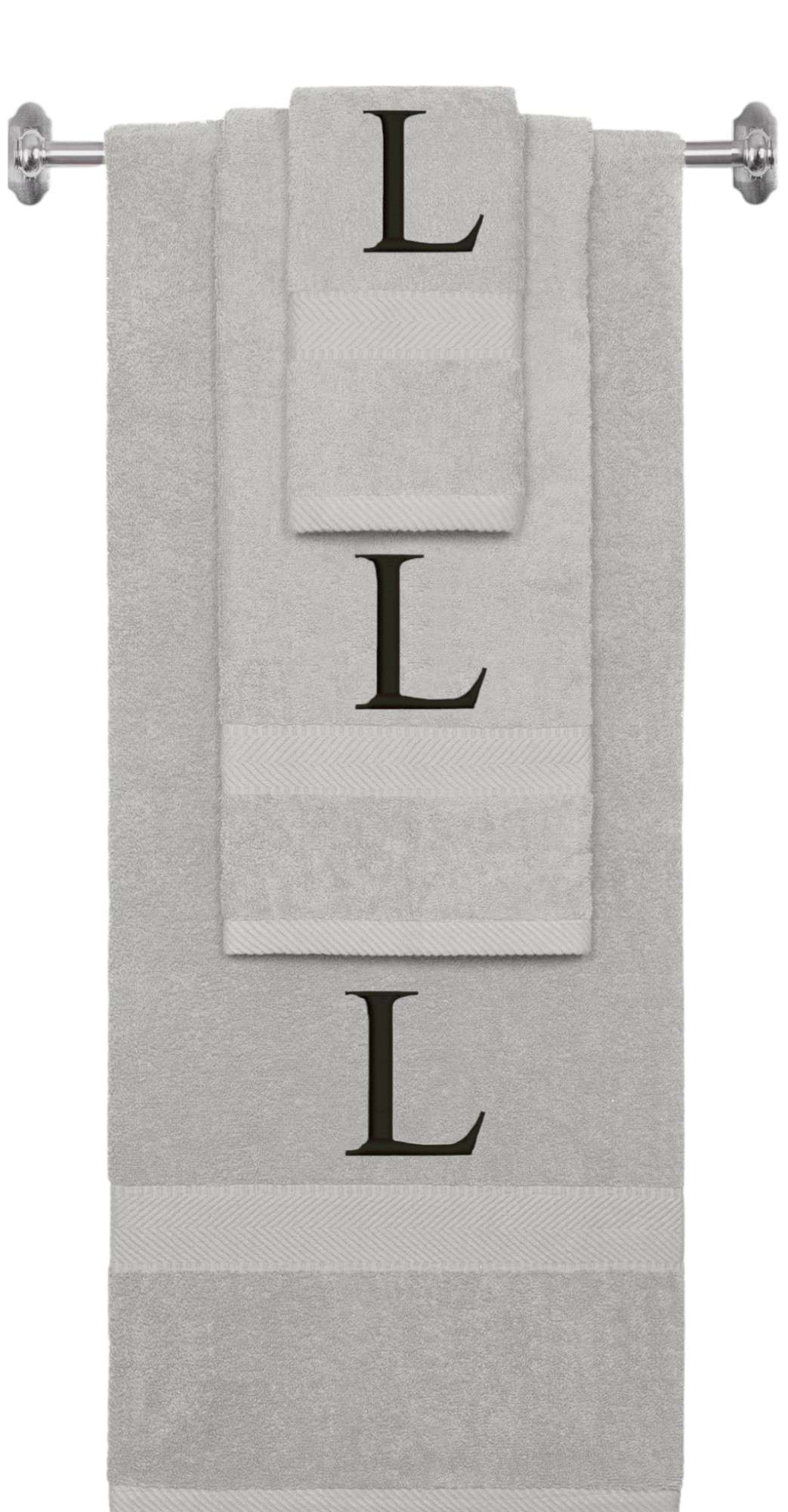 Silver monogrammed towel set with Black thread, Times New Roman font, initial L - 540 GSM cotton 3-piece