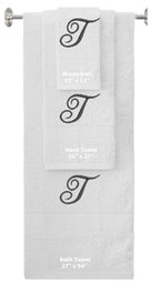 White monogrammed towel set with Black thread, Diana Script font, initial T - 540 GSM cotton 3-piece