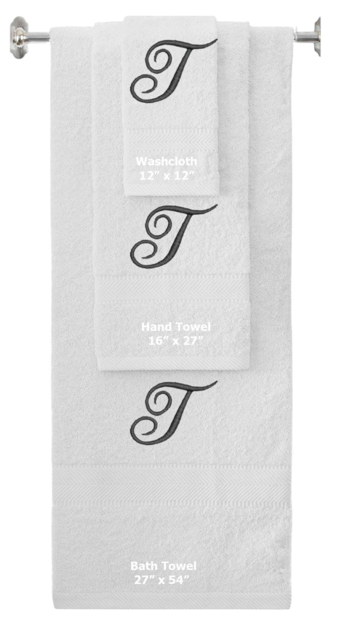White monogrammed towel set with Black thread, Diana Script font, initial T - 540 GSM cotton 3-piece