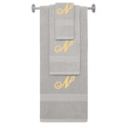 Silver monogrammed towel set with Gold thread, Diana Script font, initial N - 540 GSM cotton 3-piece