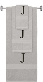 Silver monogrammed towel set with Black thread, Times New Roman font, initial J - 540 GSM cotton 3-piece