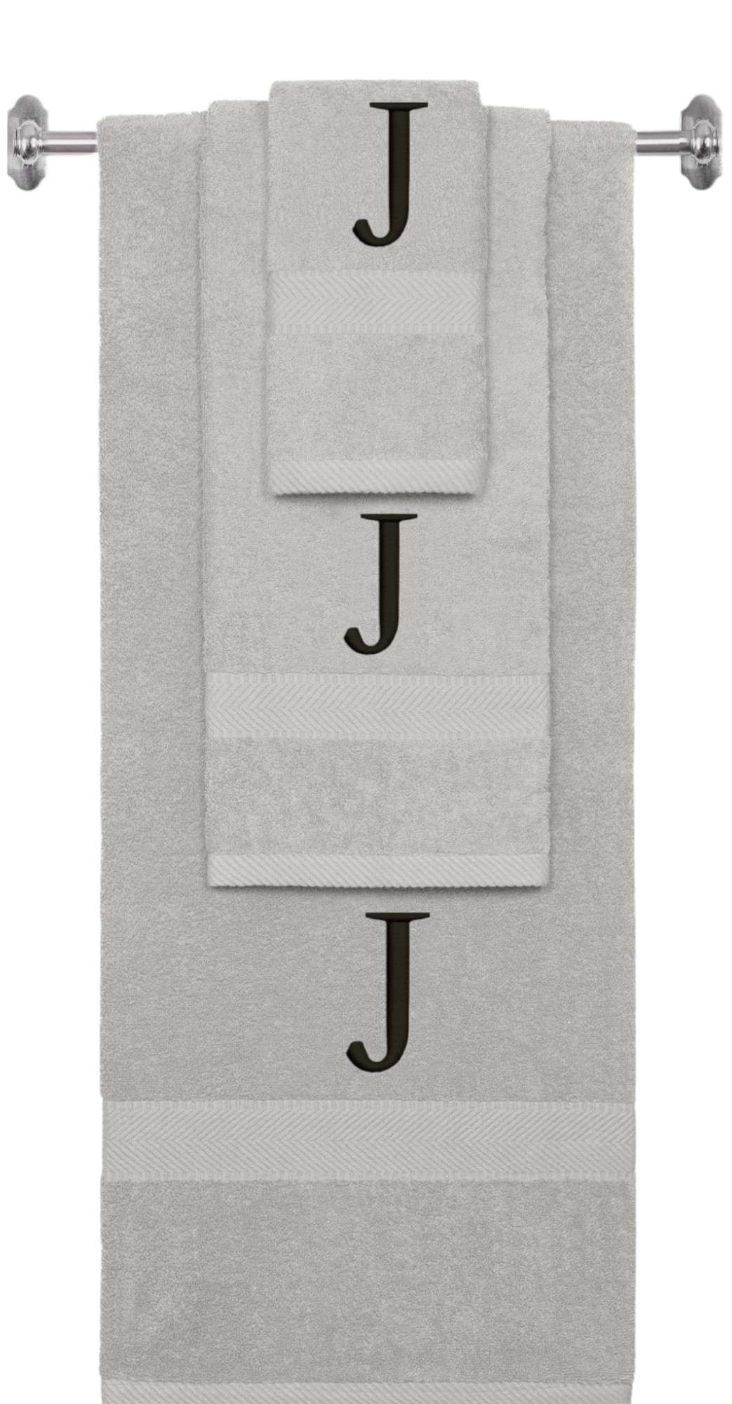 Silver monogrammed towel set with Black thread, Times New Roman font, initial J - 540 GSM cotton 3-piece