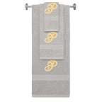 Silver monogrammed towel set with Gold thread, Diana Script font, initial P - 540 GSM cotton 3-piece