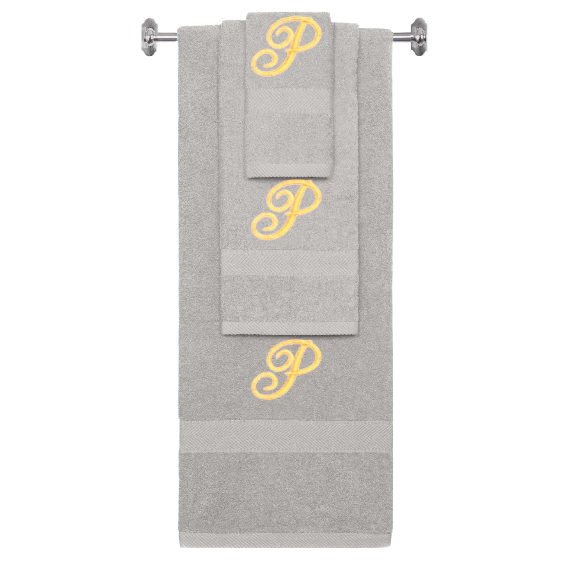 Silver monogrammed towel set with Gold thread, Diana Script font, initial P - 540 GSM cotton 3-piece