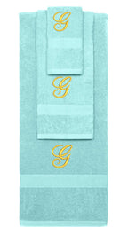 Nautical Teal monogrammed towel set with Gold thread, Diana Script font, initial G - 540 GSM cotton 3-piece