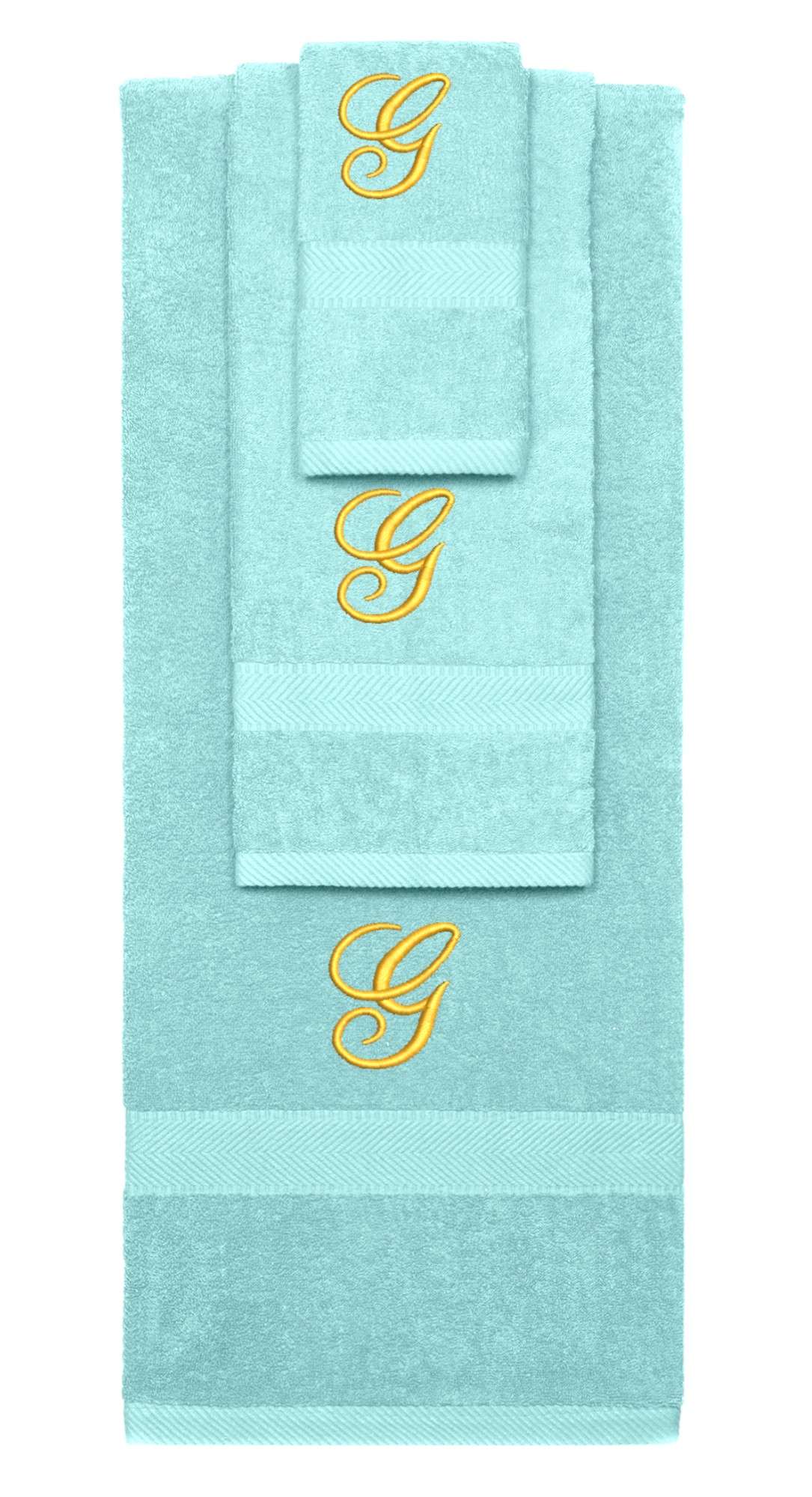 Nautical Teal monogrammed towel set with Gold thread, Diana Script font, initial G - 540 GSM cotton 3-piece