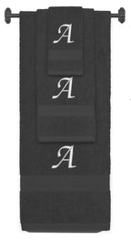Charcoal monogrammed towel set with Silver thread, Chancery font, initial A - 540 GSM cotton 3-piece