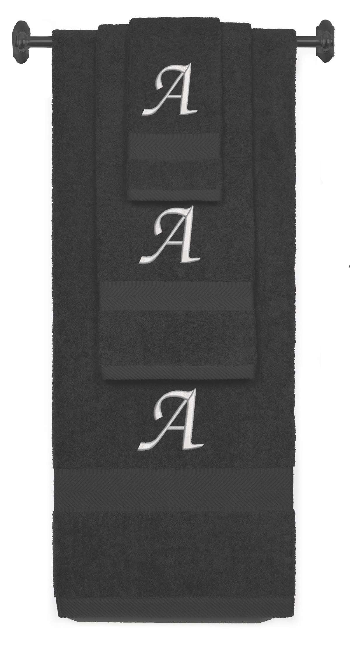 Charcoal monogrammed towel set with Silver thread, Chancery font, initial A - 540 GSM cotton 3-piece