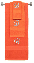 Orange monogrammed towel set with Silver thread, Chancery font, initial B - 540 GSM cotton 3-piece