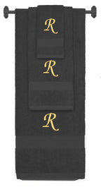 Charcoal monogrammed towel set with Gold thread, Chancery font, initial R - 540 GSM cotton 3-piece