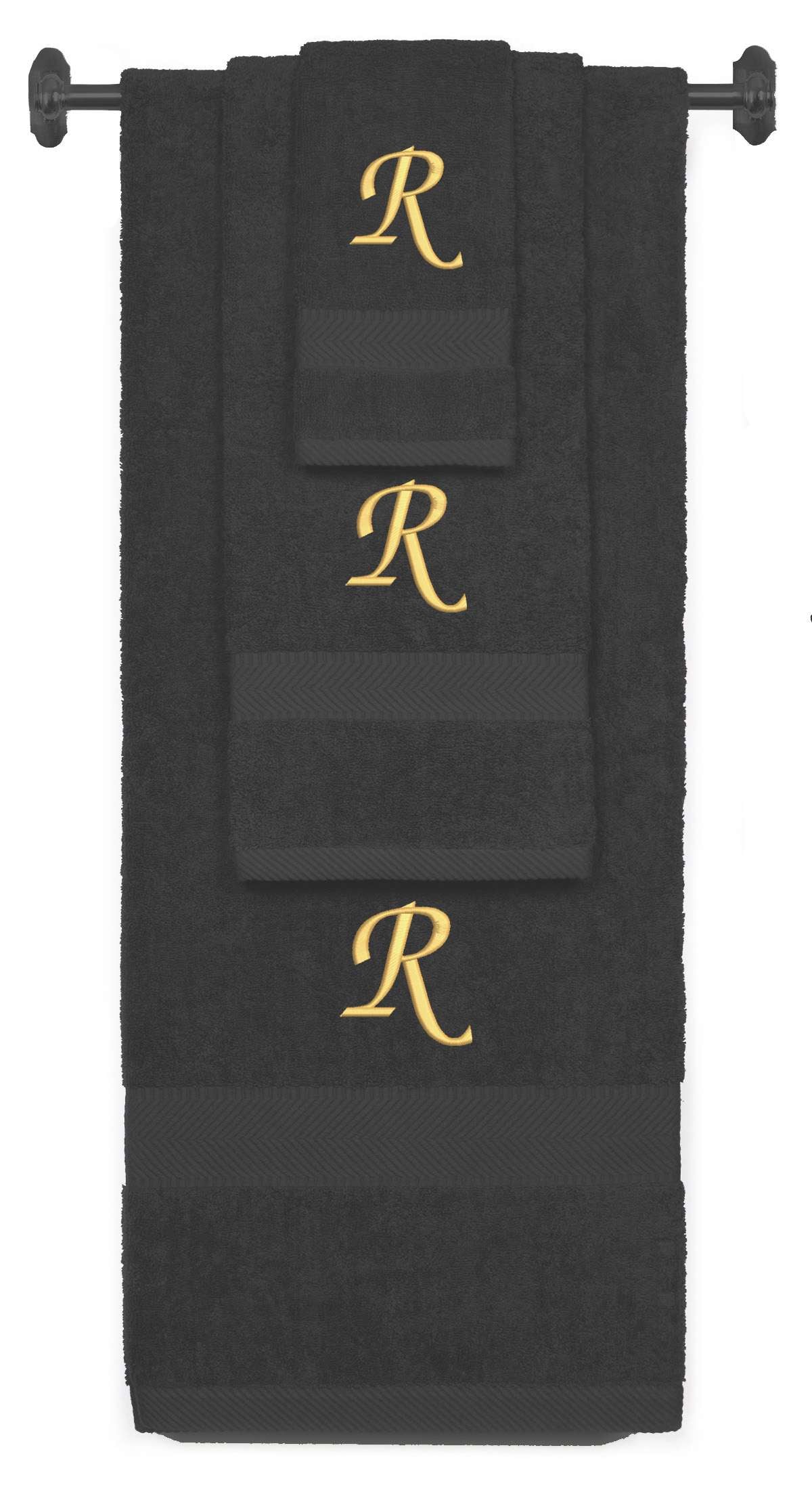 Charcoal monogrammed towel set with Gold thread, Chancery font, initial R - 540 GSM cotton 3-piece