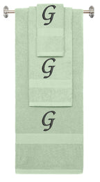 Mint Green monogrammed towel set with Black thread, Chancery font, initial G - 540 GSM cotton 3-piece