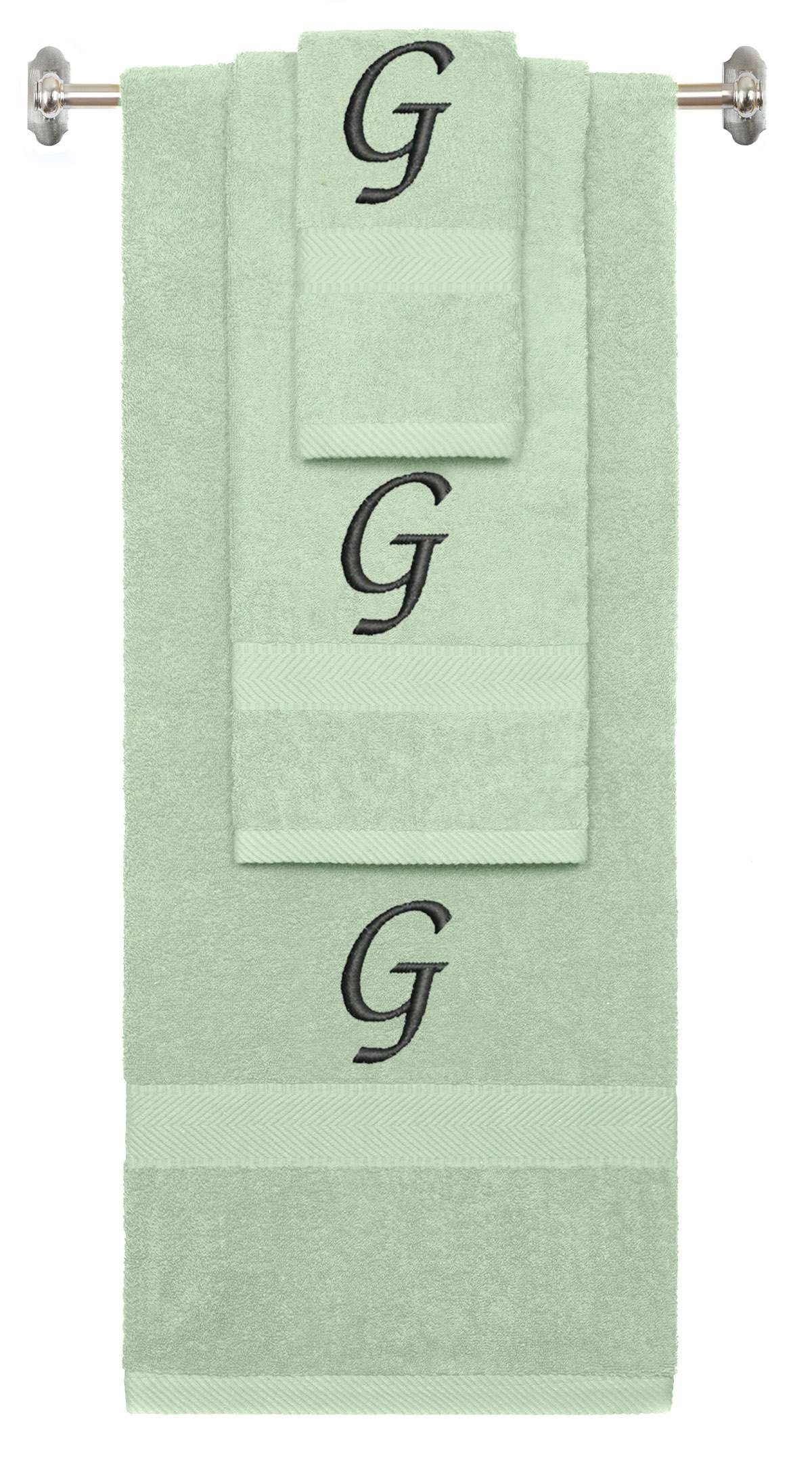 Mint Green monogrammed towel set with Black thread, Chancery font, initial G - 540 GSM cotton 3-piece