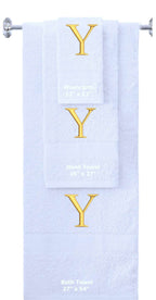 White monogrammed towel set with Gold thread, Times New Roman font, initial Y - 540 GSM cotton 3-piece