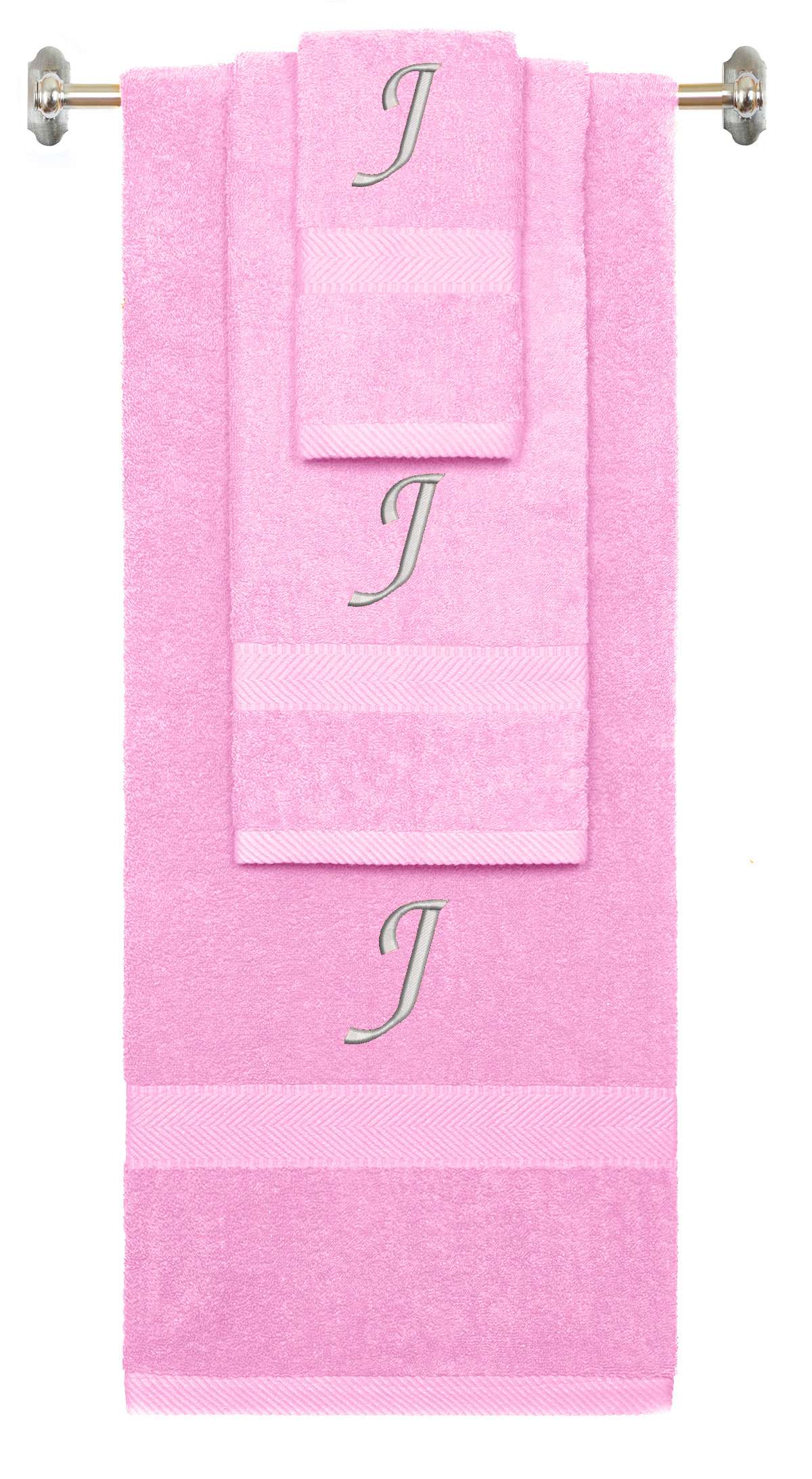 Pink monogrammed towel set with Silver thread, Chancery font, initial J - 540 GSM cotton 3-piece