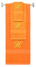 Orange monogrammed towel set with Gold thread, Diana Script font, initial H - 540 GSM cotton 3-piece