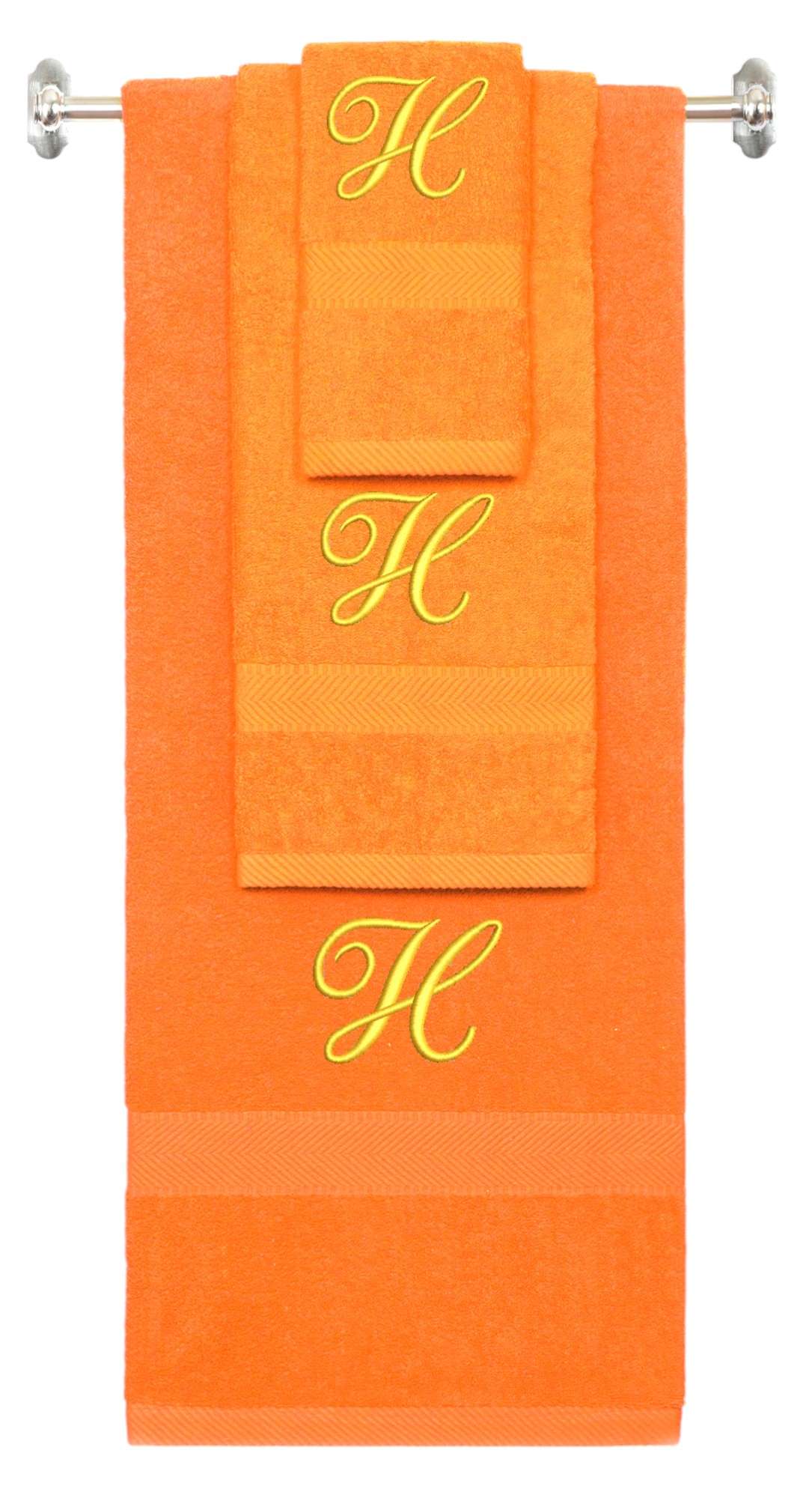 Orange monogrammed towel set with Gold thread, Diana Script font, initial H - 540 GSM cotton 3-piece
