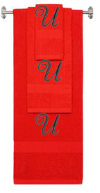 Red monogrammed towel set with Black thread, Diana Script font, initial U - 540 GSM cotton 3-piece