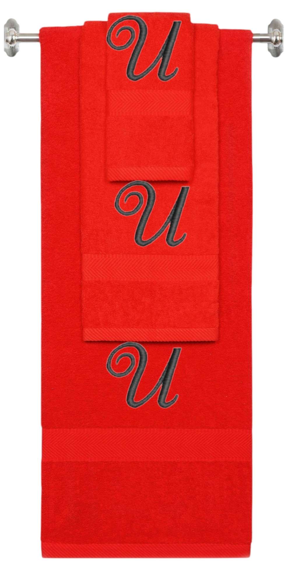 Red monogrammed towel set with Black thread, Diana Script font, initial U - 540 GSM cotton 3-piece