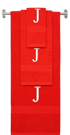 Red monogrammed towel set with White thread, Times New Roman font, initial J - 540 GSM cotton 3-piece
