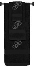 Black monogrammed towel set with Black thread, Diana Script font, initial P - 540 GSM cotton 3-piece