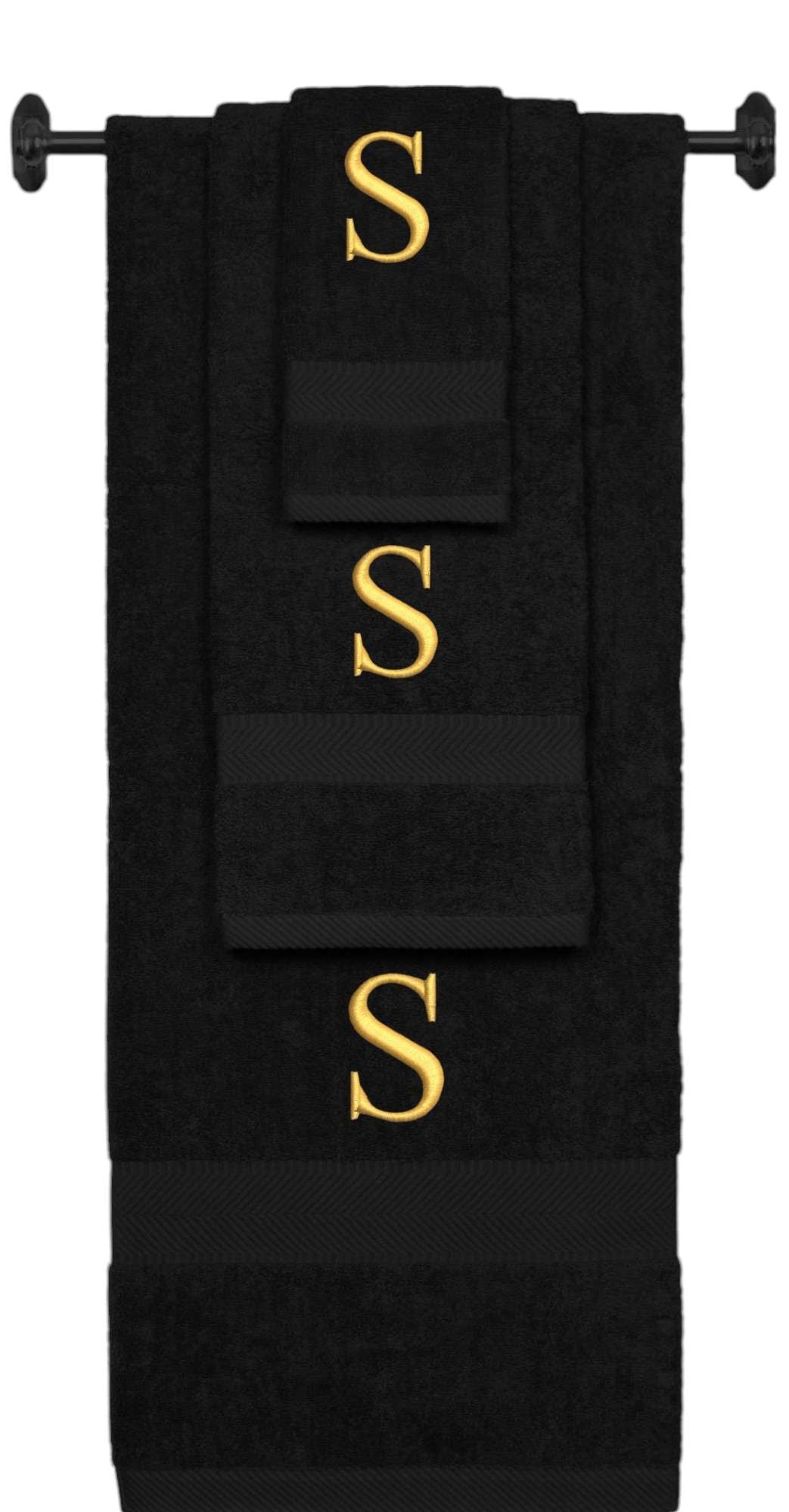 Black monogrammed towel set with Gold thread, Times New Roman font, initial S - 540 GSM cotton 3-piece