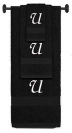 Black monogrammed towel set with White thread, Chancery font, initial U - 540 GSM cotton 3-piece