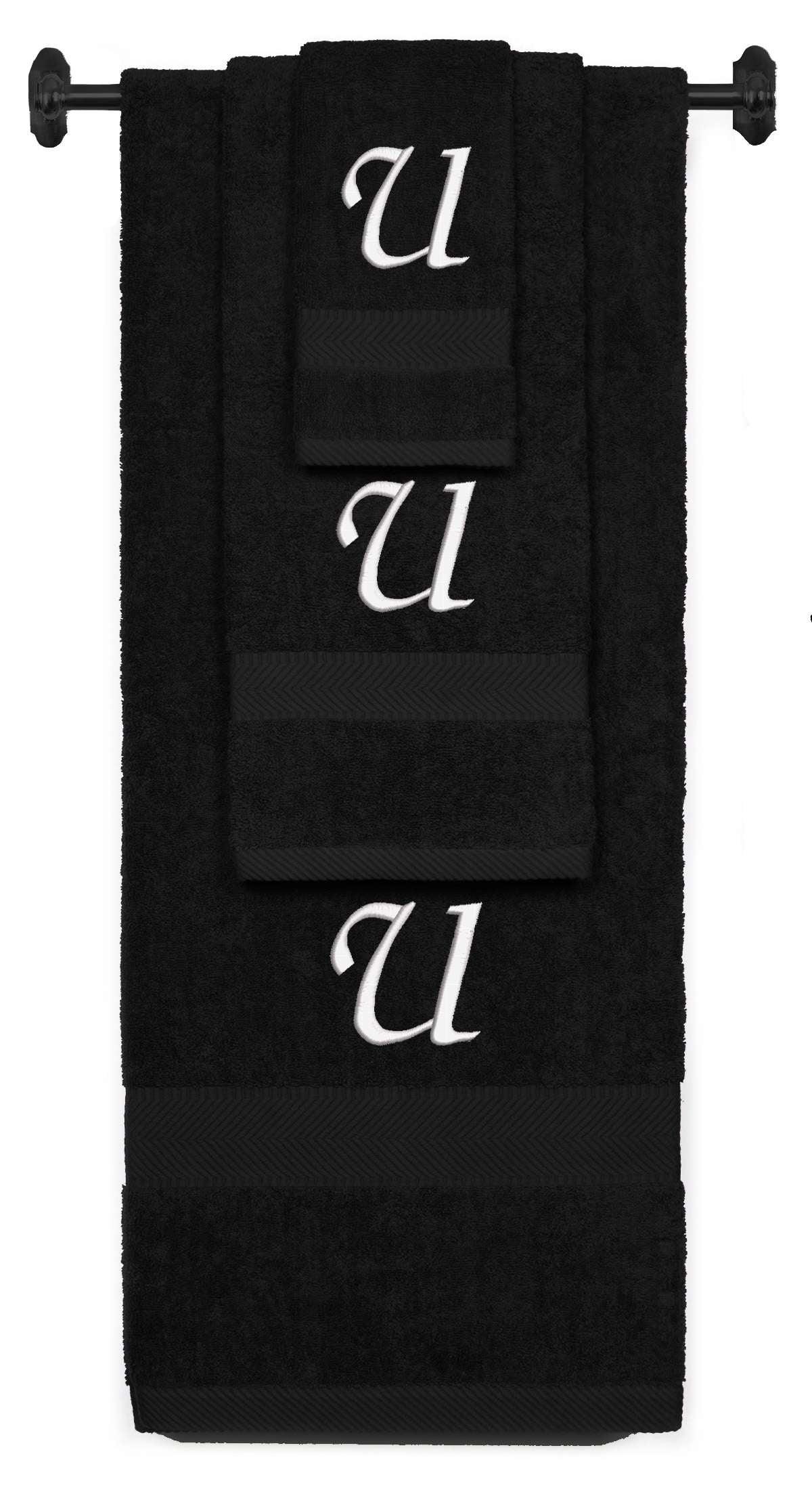 Black monogrammed towel set with White thread, Chancery font, initial U - 540 GSM cotton 3-piece